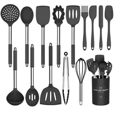 Imagen de Umite Chef Juego de utensilios cocina, 15 piezas silicona, resistente al calor, antiadherente, sin BPA, mango acero inoxidable, espátulas, pinzas, batidor y cocina