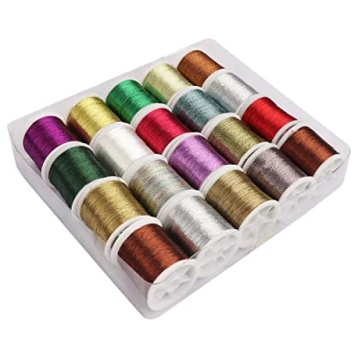 Imagen de Kurtzy Pack de 20 Hilos Bordar Poliéster Metálico 40 m Coser para Maquina Colores Variados con Carrete Madejas Hacer Pulseras Amistad, Punto Cruz y Manualidades