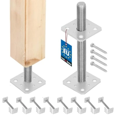 Imagen de KOTARBAU® Lote de 8 Soporte para postes 80 mm x 250 mm, rosca M24 atornillar, Base sujeción galvanizada, Altura ajustable, Pie suelo hormigón, Placa regulable