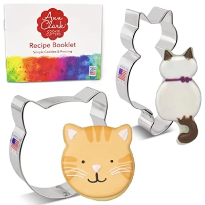 Imagen de Ann Clark Cookie Cutters Juego de 2 cortadores galletas gato con libro recetas, cara y gatito adorable
