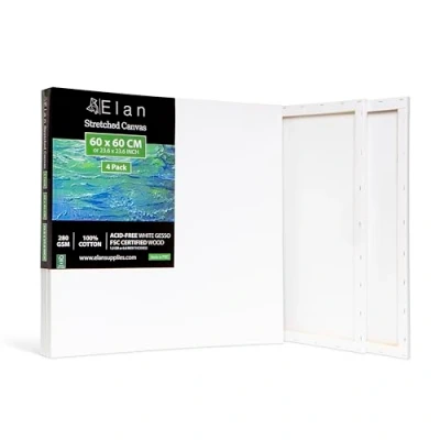 Imagen de Elan Lienzos Preestirados 60x60, 4 PACK 100% Algodón para Pintar Grandes, Canvas Pintar, Enmarcados, Tela Pintura, Lienzo Grande, Blanco