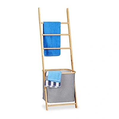 Imagen de Relaxdays Toallero Escalera con Cesto para Colada, Bambú Tela, Beige Gris, 139 x 43.5 33 cm