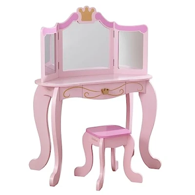 Imagen de KidKraft Juego de tocador Maquillaje Infantil Princesa con Espejo y Taburete Madera, Muebles para Salas Dormitorio niños (76123)