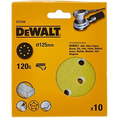 Imagen de Dewalt DT3105 QZ Discos de Lija 125mm y Grano 120, con Velcro Acoplamiento rápido 8 Orificos Perforados