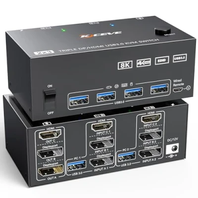 Imagen de Conmutador KVM 3 monitores 2 computadoras 8K@60Hz 4K@144Hz, HDMI+2 Displayport Switch Triple monitor para Share y 4 puerto USB 3.0,control remoto con cable incluidos
