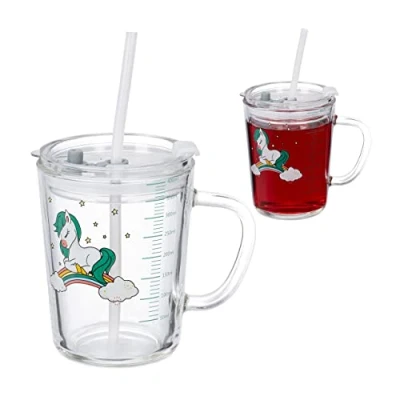 Imagen de Relaxdays Set de 2 Vasos Infantiles, Diseño Caballo, Jarrita Agua Niños, con Asa, Tapa y Pajita, 400 ml, Transparente, Silicona