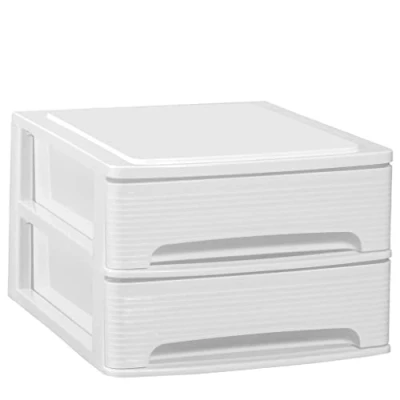Imagen de COM FORT HOUSE Cajonera Apilable de Plástico Modelo Lineas Color Blanco 2 Cajones Almacenamiento Modular