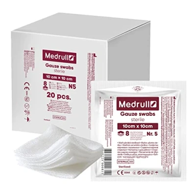 Imagen de Medrull compresas estériles de gasa 100 unidades (20 x 5 unidades), 8 capas, 10 cm Material para apósitos, heridas, vendas gasa, apósitos heridas