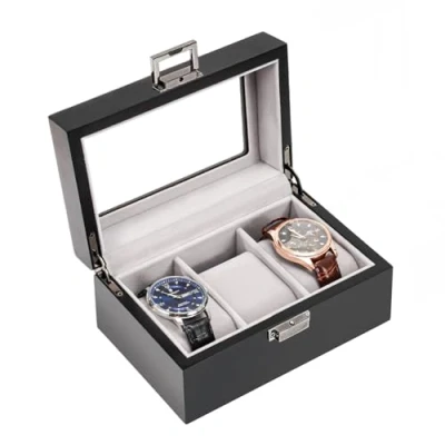 Imagen de Procase Caja para Relojes de 3 Ranuras, Funda Organizadora Reloj con Tapa Cristal, Estuche Almacenamiento Hombres y Mujeres Negro