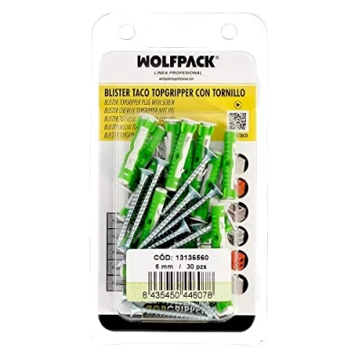 Imagen de WOLFPACK LINEA PROFESIONAL Blister Tacos Topgripper Bimaterial Con Tornillos Ø 6 mm. 30 Piezas Taco Anclaje Universal, Hormigon, Pladur