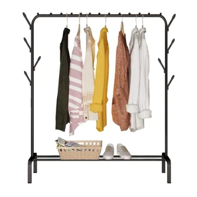 Imagen de edihome, Burro Ropa, Perchero Colgador de Vestidor, 118X148X39 cm, Resistente, Metálico, con Soporte para Zapatos, colgar Perchas, Camisas, Pantalones, Chaquetas finas (Negro)