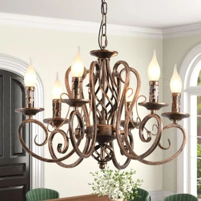 Imagen de Ganeed Candelabros de campo francés, candelabro hierro forjado con velas 6 luces, lámpara colgante rústica granja, iluminación para isla cocina, comedor, sala estar, foryer