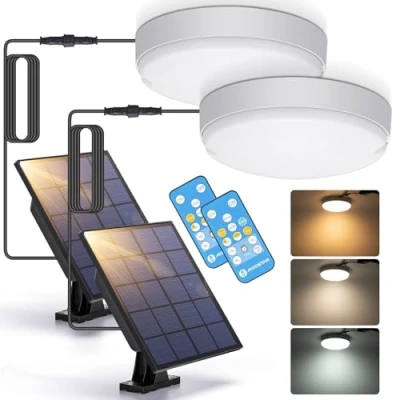 Imagen de Aigostar Luz Solar Exterior 50W 500LM Plafón Interior/Exterior con mando a distancia IP65 Lámpara regulable: 6500K/3000K/4000K.Luces Solares cable de 3 m, 2pcs