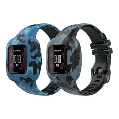 Imagen de MoKo 2PZS Correa Reloj Compatible con Garmin Vivofit JR 3, Pulsera de Repuesto Silicona Suave, Azul Camuflaje &amp; Mosaico
