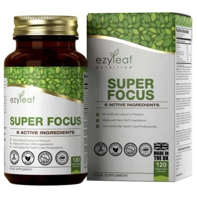 Imagen de Ezyleaf Super Enfoque L Tirosina de Alta Potencia 750mg Ginkgo Biloba, Taurina, Vitamina B12 Metilcobalamina 120 cápsulas veganas Coenzima Q10, Fenilalanina Sin Cafeína ni Alérgenos