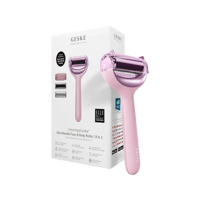 Imagen de GESKE SmartAppGuided™ MicroNeedle Face &amp; Body Roller 9 en 1 Cuarzo rosa Rodillo derma eléctrico microagujas Dispositivo de agujas belleza cara/cuerpo