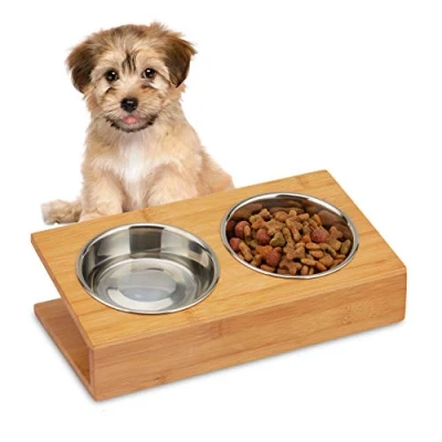 Imagen de Relaxdays Comedero Bebedero Gato y Perro con Soporte Elevado, Bambú Acero Inoxidable, 1 Pack, 10x33,5x18 cm, Marrón, 2 Cuencos