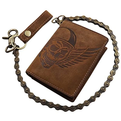 Imagen de Cuero de búfalo Cartera con Cadena metálica Calavera Motivo en Formato Vertical o oblongo Bloqueo RFID y NFC marrón (Modelo 1 / Vertical/Marrón)