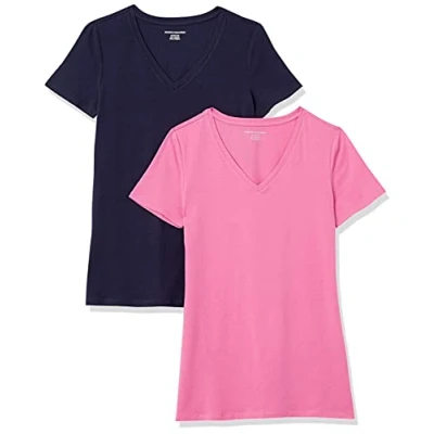 Imagen de Amazon Essentials Camiseta de Cuello en v Manga Corta y Ajuste Clásico Mujer, Pack 2, Rosa/Azul Marino, M