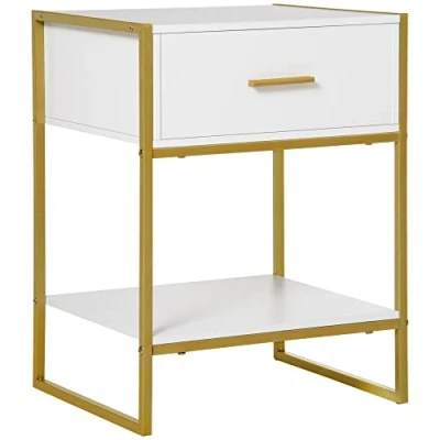 Imagen de HOMCOM Mesilla de Noche Mesa Auxiliar con 1 Cajón y Estante Almacenamiento para Dormitorio Habitación Estilo Moderno 45x40x60 cm Blanco