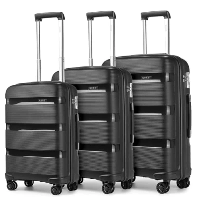 Imagen de Kono Juego de Maletas Rígida 3 Piezas Viaje con Cerradura TSA, Ligera Equipaje Mano 4 Ruedas y Cremallera YKK, Durable Polipropileno (Cabina+Mediana+Grande, Negro)