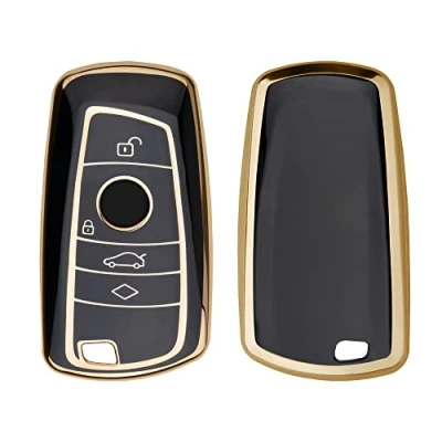 Imagen de kwmobile Carcasa para Mando Compatible con BMW Llave de Coche Control Remoto 3 Botones (Solo Keyless Go) Funda Llaves TPU Negro/Dorado