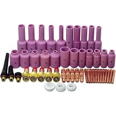 Imagen de RIVERWELD 50pcs TIG Gas Lens 10n30 10n31 10n32 10n28 45V24 45V25 45V26 cap back 57Y02 57Y03 57Y04 Long alúmina boquilla kit de tamaño surtido Fit QQ300 PTA DB SR WP 17 18 26