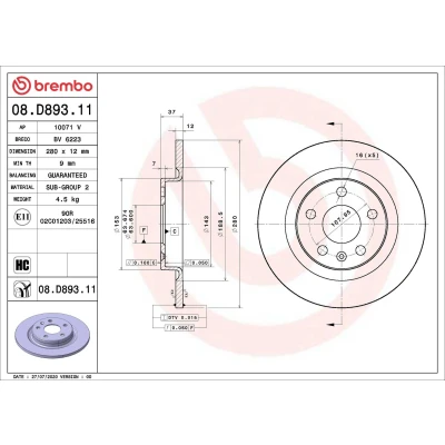 Imagen de BREMBO 08.D893.11 Disco de freno 280 12 5 macizo revestido altamente carbonizado VOLVO: XC40