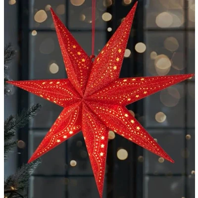 Imagen de BRUBAKER Estrella de Navidad 3D para Colgar Papel LED con Temporizador Adviento 60 cm Diseño Moderno Funciona Pilas Decoración Navideña Roja
