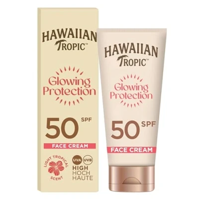 Imagen de HAWAIIAN Tropic Glowing Protection Locion Solar Facial, Crema Protectora para el Rostro Waterproof con SPF 50 UVA + UVB Protection, Fragancia Tropical, Manteca de Karité, ml