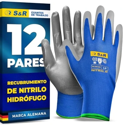 Imagen de S&amp;R Guantes de Trabajo Hombre 12 Pares Talla L / 9 Bricolage Mecanico Jardinería Nitrilo Antideslizante y Antiabrasión