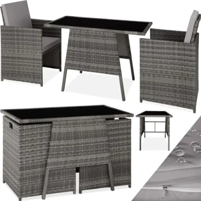 Imagen de TecTake® Conjunto Jardín Exterior de Ratán y Aluminio, Muebles Resistente a la Intemperie, 2 Sillas con Cojines, Mesa Cristal Florero, Apilable, Fundas Extraíbles Gris
