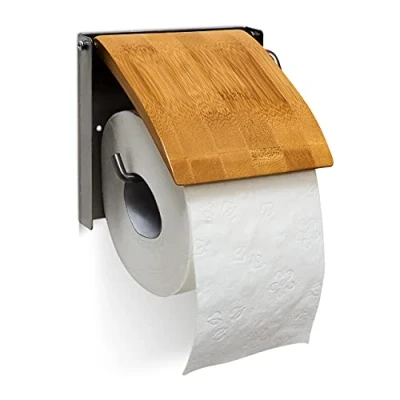 Imagen de Relaxdays Portarrollos de Pared Papel higinico, Bambú y Acero Inoxidable, 13.5 x 14.5 cm Aprox, 2.5