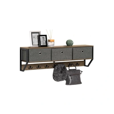 Imagen de SoBuy FHK26 N Perchero de Pared para Pasillo, Guardarropa, Estante con 3 Cestas y 7 Ganchos Dobles Estilo iIndustrial 100 x 20 30 cm ES