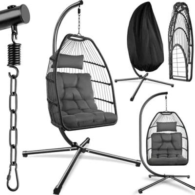 Imagen de tectake® Columpio Jardín Exterior, Silla Colgante con Cojín Extragrueso, Sillón Balancín Estructura de Acero y 4 Pies en Base, Hamaca Interior/Exterior, Plegable, Capacidad 160Kg Gris