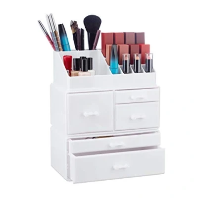 Imagen de Relaxdays Organizador de Maquillaje con 21 Compartimentos, Fibra Acrílica, Blanco, 29.5x23.5x14 cm, 29,5 x 23,5 14 cm
