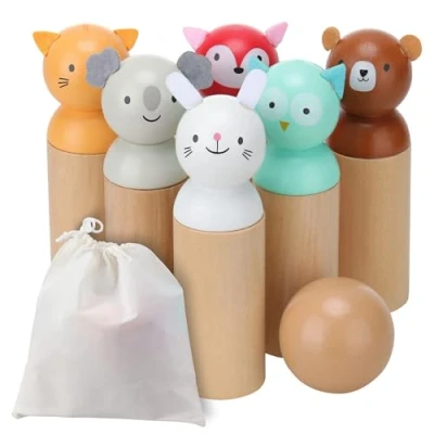Imagen de Navaris Juego de Bolos para Niños y Bebes +18 Meses Bowling Infantil Madera Juguete 6 con Formas Animales 1 Bola Incluye Bolsa Tela Almacenamiento