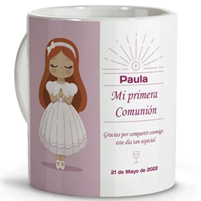 Imagen de LolaPix Taza comunión. Regalos comunión Personalizados con Nombre y Texto. Personalizada. Varios diseños. NIÃ‘A Pelirroja.Taza cerámica 330ml