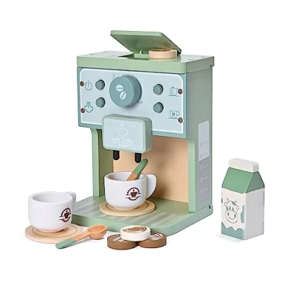 Imagen de Donmills Juguetes de madera para niños, accesorios cocina, cafetera verde, máquina espresso, juego juguete Montessori, regalo niñas y niños