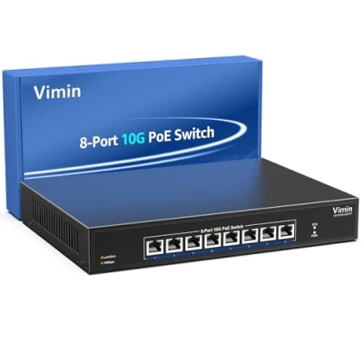 Imagen de 10G de 8 Puertos Switch PoE no Gestionado, VIMIN Power Over Ethernet 10Gbps Compatible con IEEE802.3 AF/at, para Red NAS 10G, Capacidad Conmutación 160Gbps