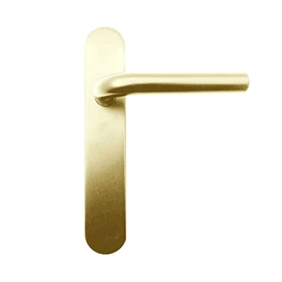 Imagen de MICEL 05755 Juego de manilla para puerta con placa ángulo curvo y maneta acero inoxidable, Color dorado PVD, 225 x 138 66 mm