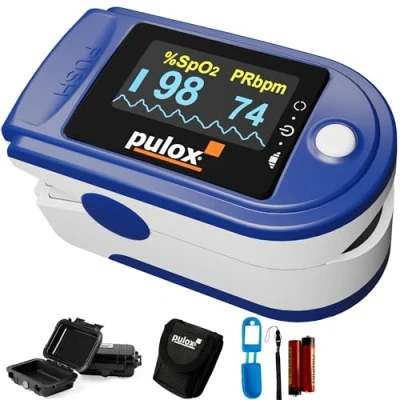 Imagen de PULOX PO 200 Set Azul Pulsioxímetro con accesorios de dedo para medir el pulso y la saturación oxígeno en