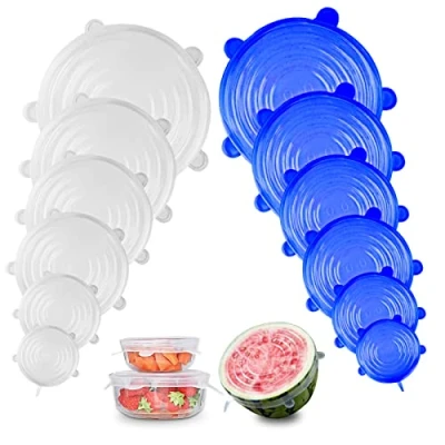 Imagen de Firschoie 12 piezas Tapas de silicona elásticas, Reutilizable y permanentemente ampliable, estirables en diferentes tamaños, para tarros, cuencos, botellas(Blanco Azul)