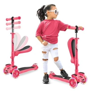 Imagen de Scooter für Kinder Räder LED Lichter, Verstellbarer Lenker, klappbarer Sitz Oder Stehfahrt mit Bremse Jungen (Einheitsgröße, Watermelon)