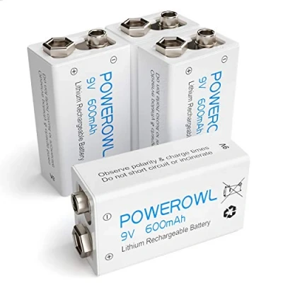 Imagen de POWEROWL 9V Pilas Recargables Rendimiento más Alto Litio de Batería Li Ion Baja autodescarga 4 Piezas (Precargadas, 600mAh, 1200 ciclos)