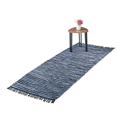 Imagen de Relaxdays Flickenteppich Leder &amp; Baumwolle Alfombra de Pasillo con Flecos, 80 x 200 cm, Algodón y Cuero, Antideslizante, Retazos, Azul, Piel auténtica