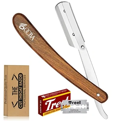 Imagen de OCBA Navaja de Afeitar para hombre &amp; Barbero con mango madera Maquinilla barba acero inoxidable 20 Medias Cuchillas