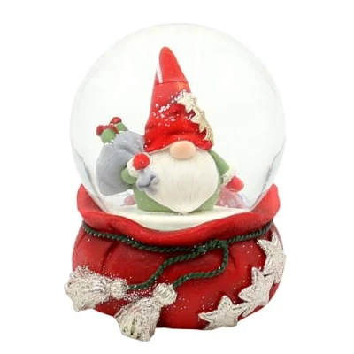 Imagen de Bola de Nieve Navidad con gnomo y Bolsa Regalo sobre Base roja Estrellas, 6,8 x 9 cm, diámetro 6,5 cm