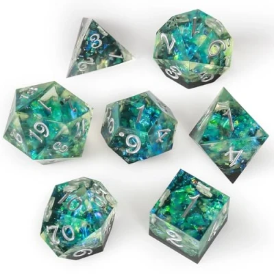 Imagen de OriCraft Green Magic Dice Juego de Dados DND Mazmorras y Dragones rol poliédrico Mundo Submarino Verde D20 mágico 7 Piezas Halloween Afilados