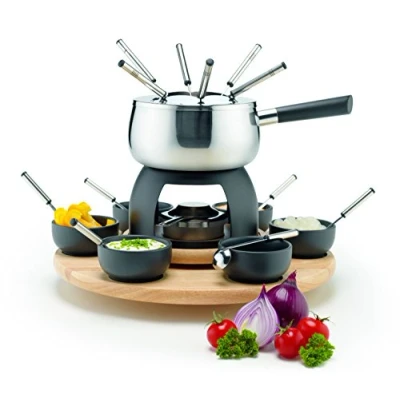 Imagen de MÄSER 931229 Juego 23 Piezas, Olla, Incluye protección contra Salpicaduras, Quemador, carrusel Giratorio de Madera, Tenedores para Fondue, Cuencos, Acero Inoxidable Gris Negro